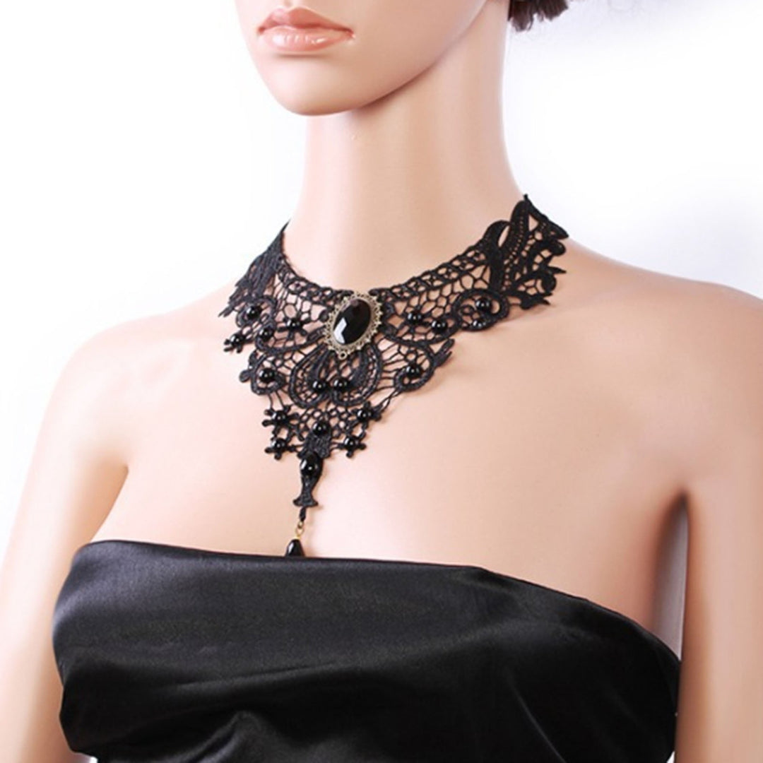 Women Necklace Lace Beads Black Hollow Out Adjustable Choker Necklace for Party Image 4