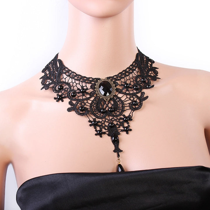 Women Necklace Lace Beads Black Hollow Out Adjustable Choker Necklace for Party Image 7