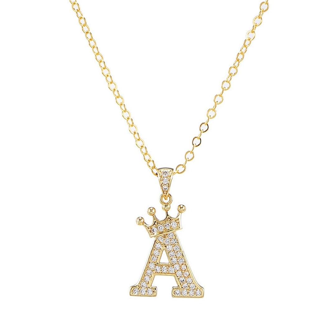 Letter Necklace Rhinestone Crown Letter Pendant Adjustable Chain Women Necklace for Gift Image 1