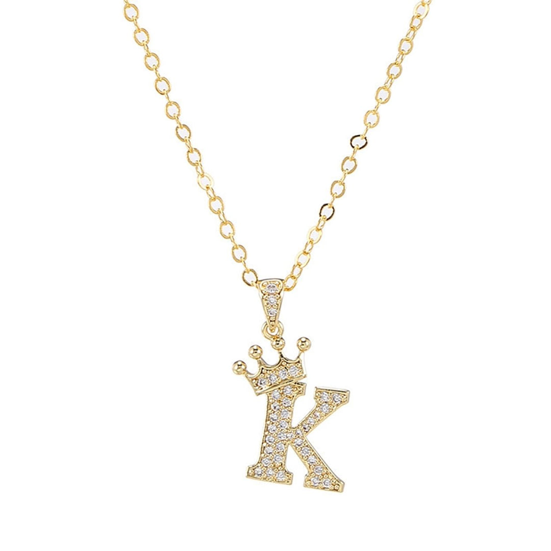 Letter Necklace Rhinestone Crown Letter Pendant Adjustable Chain Women Necklace for Gift Image 1