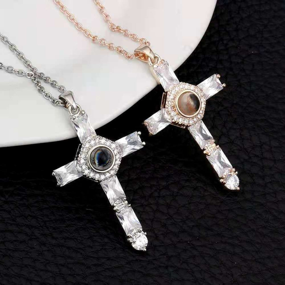 Cross Necklace Shiny Novelty Design Alloy Cross 100 Languages I Love You Projection Necklaces for Daily Dress Image 1