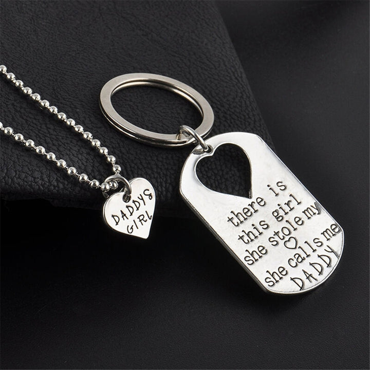 2 Pcs Daddy Girl Necklace Silver Color Letter Print Smooth Stainless Necklace Key Ring Set for Gift Image 1