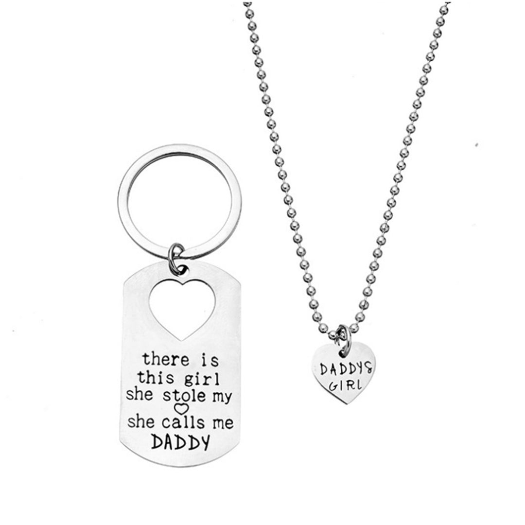 2 Pcs Daddy Girl Necklace Silver Color Letter Print Smooth Stainless Necklace Key Ring Set for Gift Image 7