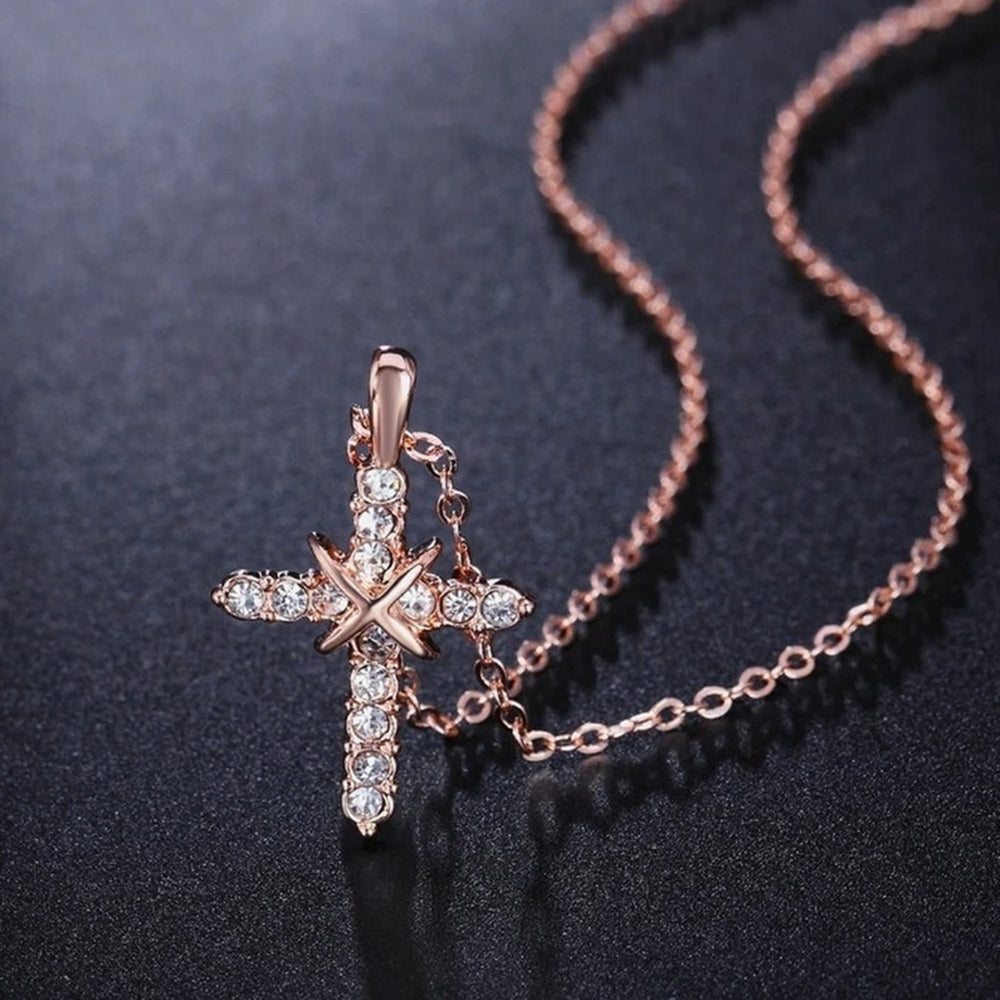 Women Necklace Shiny Surface Rust-proof Alloy Fashionable Unisex Necklace with Cross Pendant for Dating Image 2