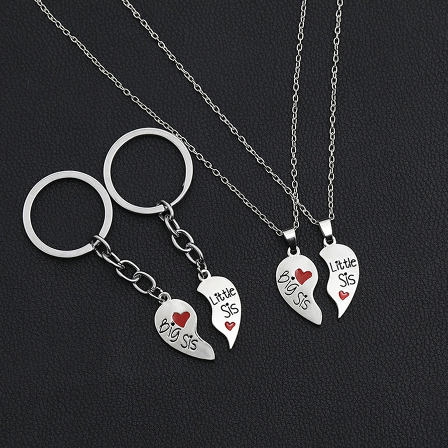 2 Set Sister Necklace Heart Shape Durable Stainless Cute Key Ring for Gift Image 1