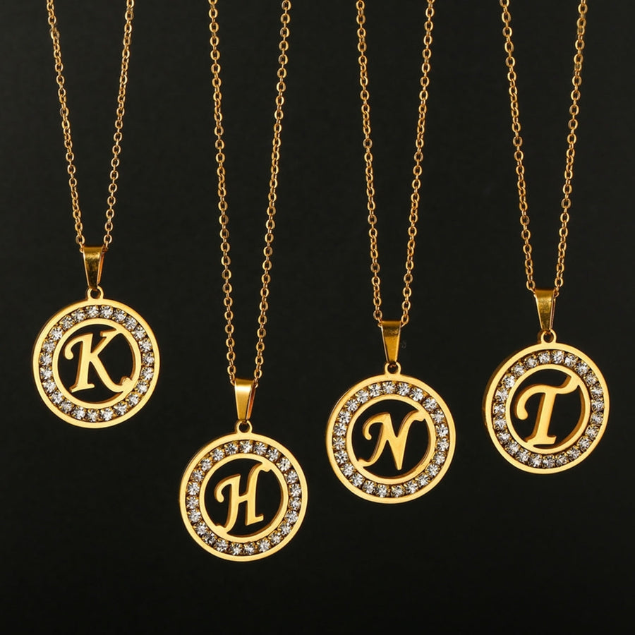 Women Round Pendant Necklace Gold Color A-Z 26 Letter Inlaid Rhinestone Clavicle Chain Jewelry Gifts Image 1