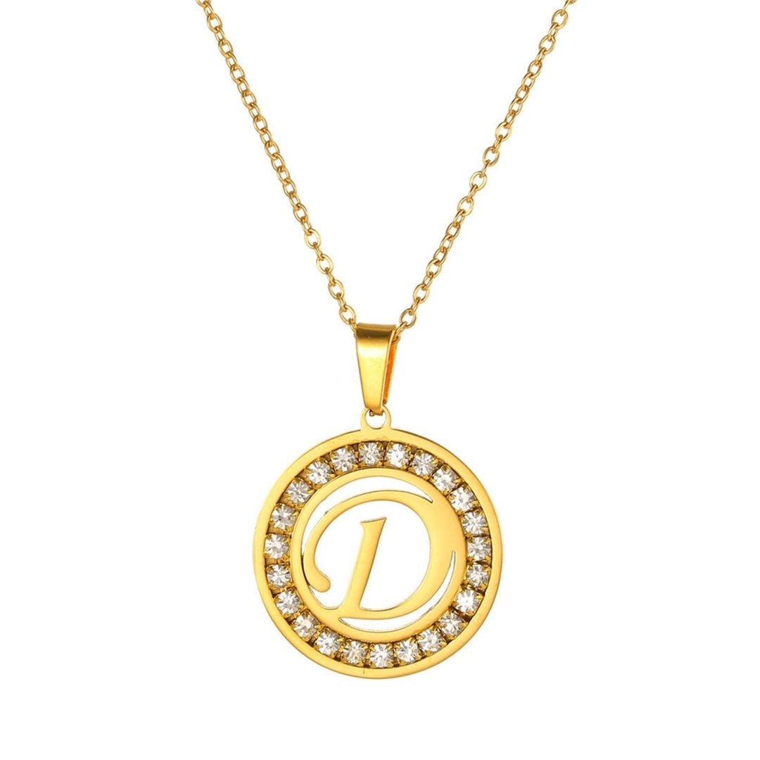 Women Round Pendant Necklace Gold Color A-Z 26 Letter Inlaid Rhinestone Clavicle Chain Jewelry Gifts Image 1