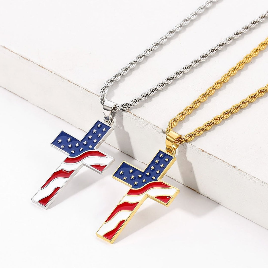 Men Necklace Polished American National Flag Print All Match Faith Colorful Cross Shape Men Pendant for Gift Image 1