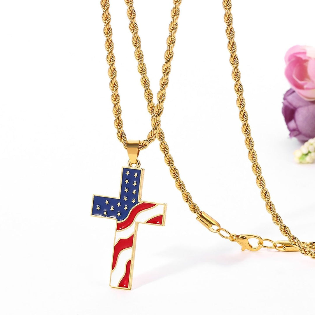 Men Necklace Polished American National Flag Print All Match Faith Colorful Cross Shape Men Pendant for Gift Image 4