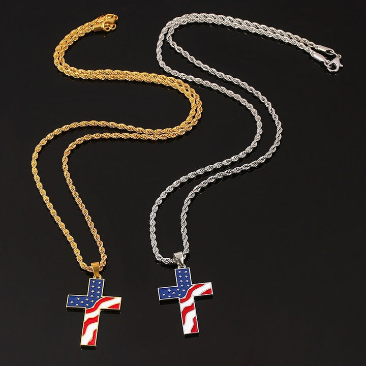 Men Necklace Polished American National Flag Print All Match Faith Colorful Cross Shape Men Pendant for Gift Image 8