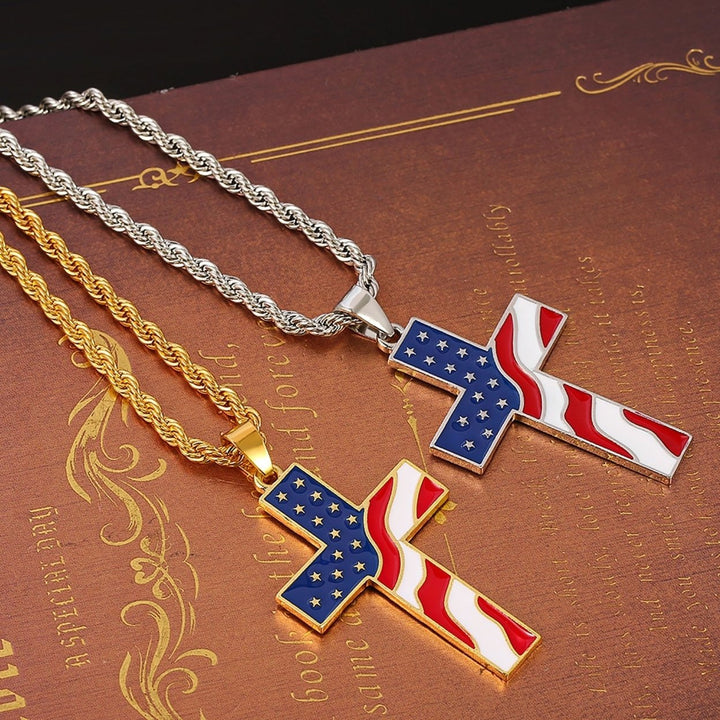 Men Necklace Polished American National Flag Print All Match Faith Colorful Cross Shape Men Pendant for Gift Image 9