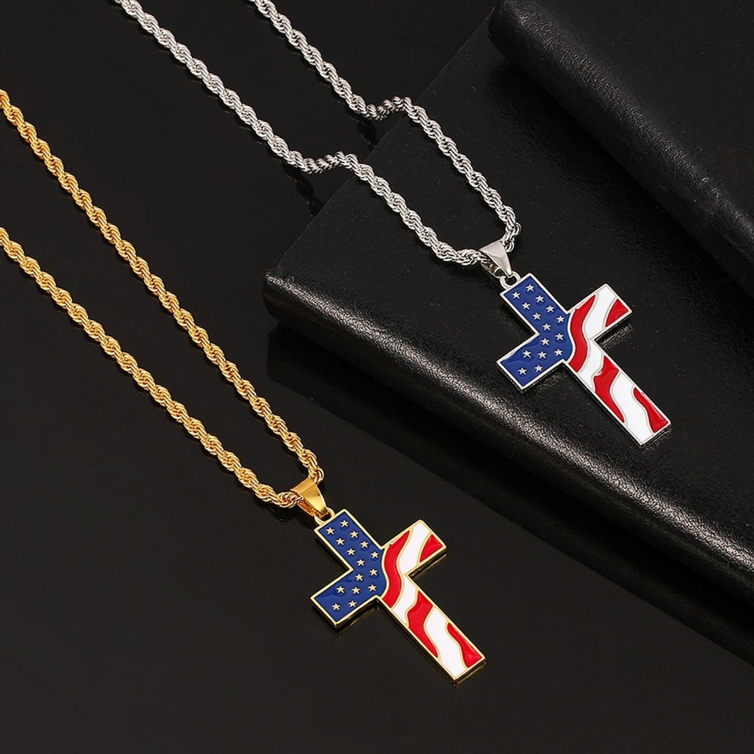 Men Necklace Polished American National Flag Print All Match Faith Colorful Cross Shape Men Pendant for Gift Image 12