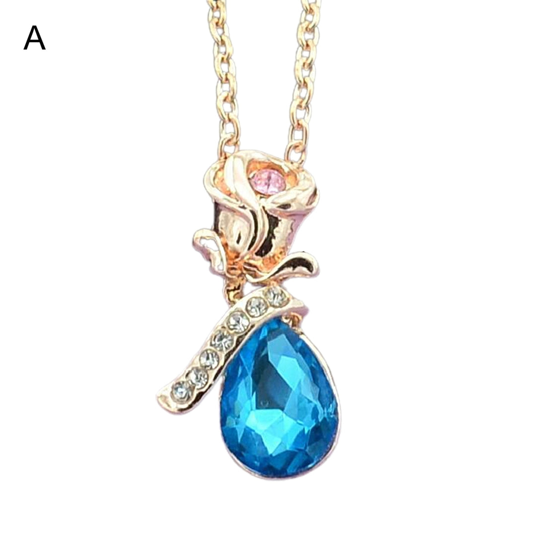 Pendant Necklace Rose Water Drop-shaped Rhinestones Exquisite Necklace for Daily Wear Image 2