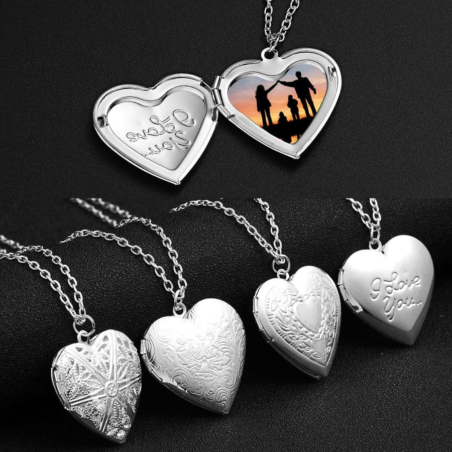 Couple Necklace Carved Design Metal Chain Gift Heart-shaped Photo Frame Pendant Necklace Jewelry Accessories Image 1