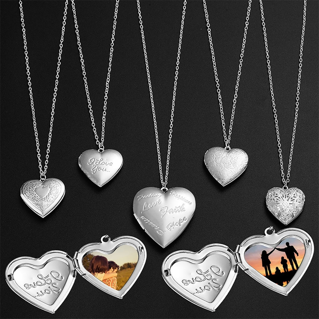 Couple Necklace Carved Design Metal Chain Gift Heart-shaped Photo Frame Pendant Necklace Jewelry Accessories Image 7