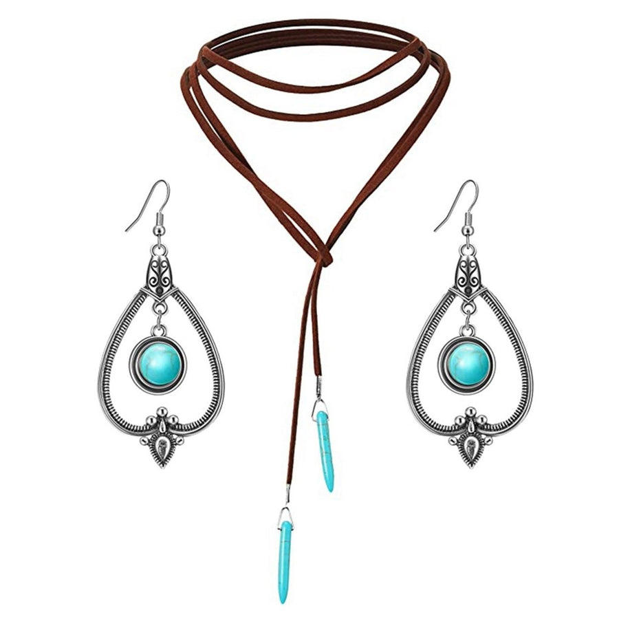 Turquoise Adjustable Suede Rope Women Necklace Bohemian Style Pendant Necklace Hook Earrings Jewelry Accessories Image 1