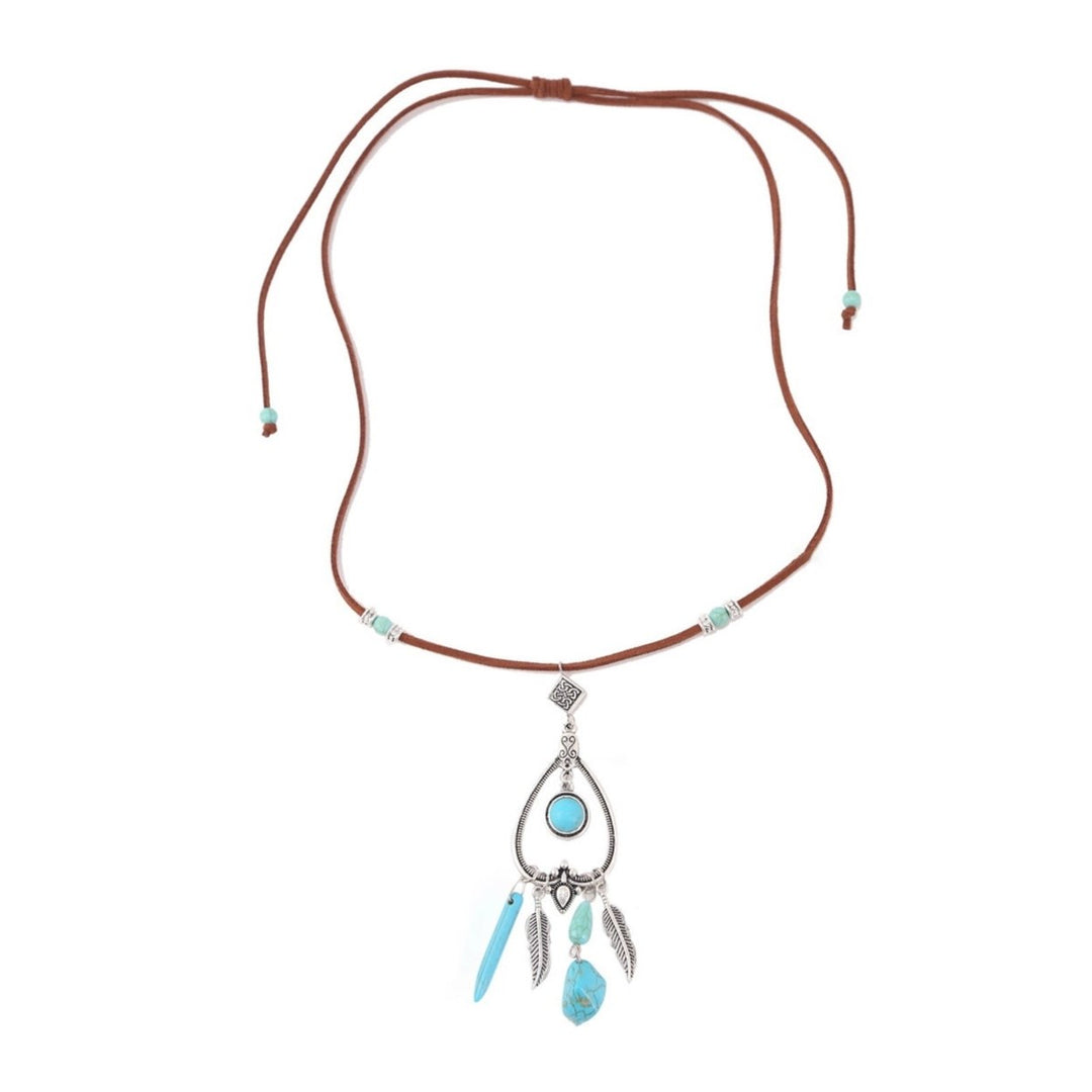 Turquoise Adjustable Suede Rope Women Necklace Bohemian Style Pendant Necklace Hook Earrings Jewelry Accessories Image 3