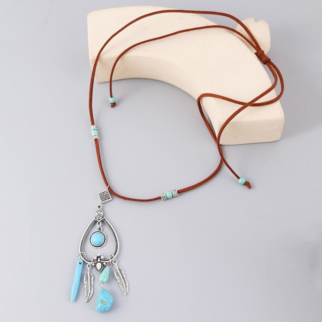 Turquoise Adjustable Suede Rope Women Necklace Bohemian Style Pendant Necklace Hook Earrings Jewelry Accessories Image 9