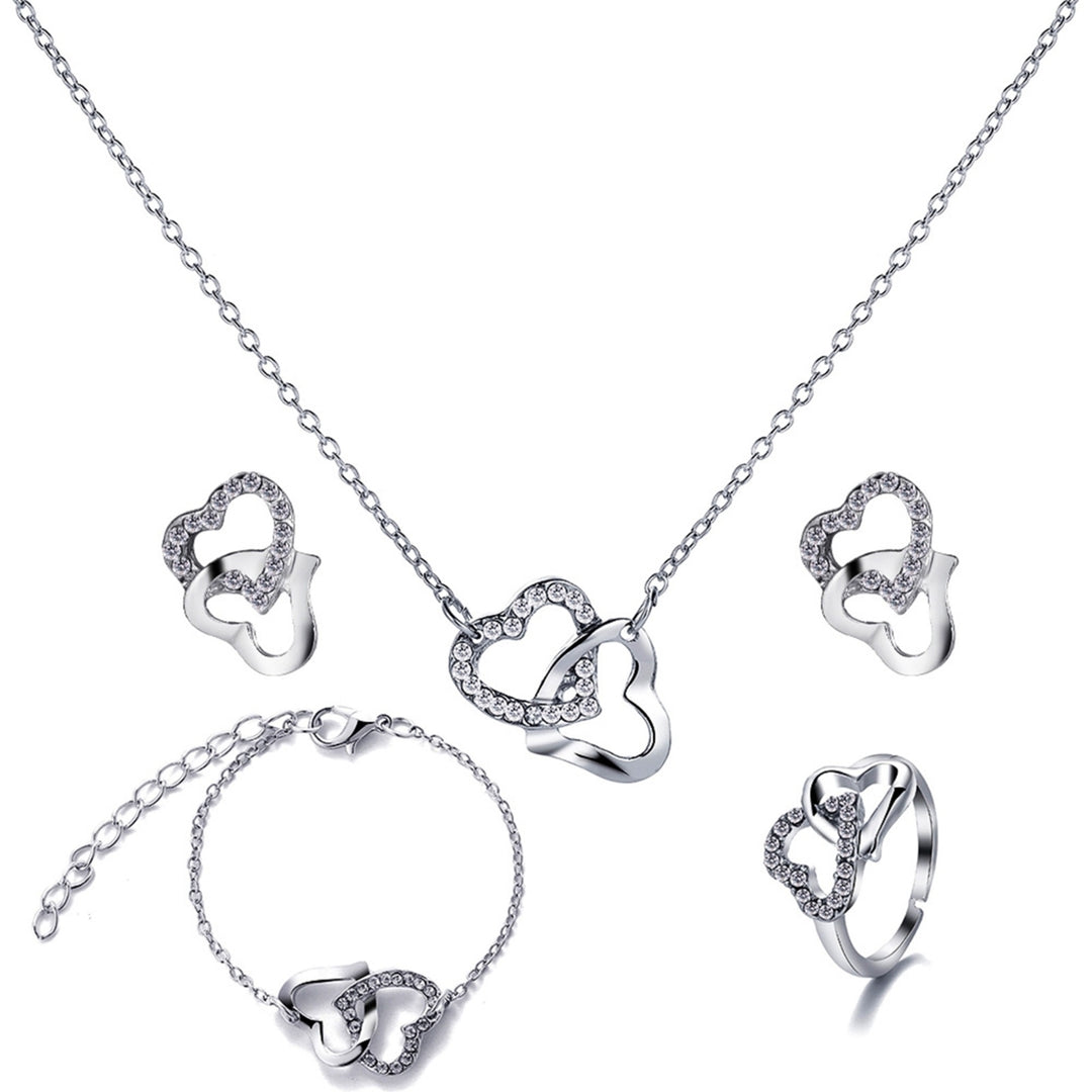 4Pcs Necklace Earrings Ring Bracelet Hollow Out Heart Pendant Jewelry Korean Style Simple Jewelry Set for Daily Wear Image 4