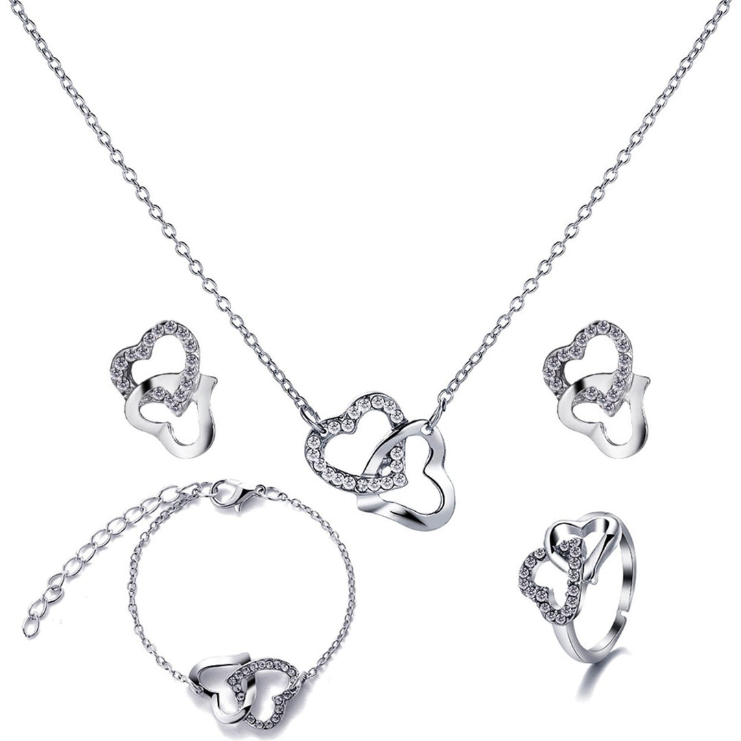 4Pcs Necklace Earrings Ring Bracelet Hollow Out Heart Pendant Jewelry Korean Style Simple Jewelry Set for Daily Wear Image 1