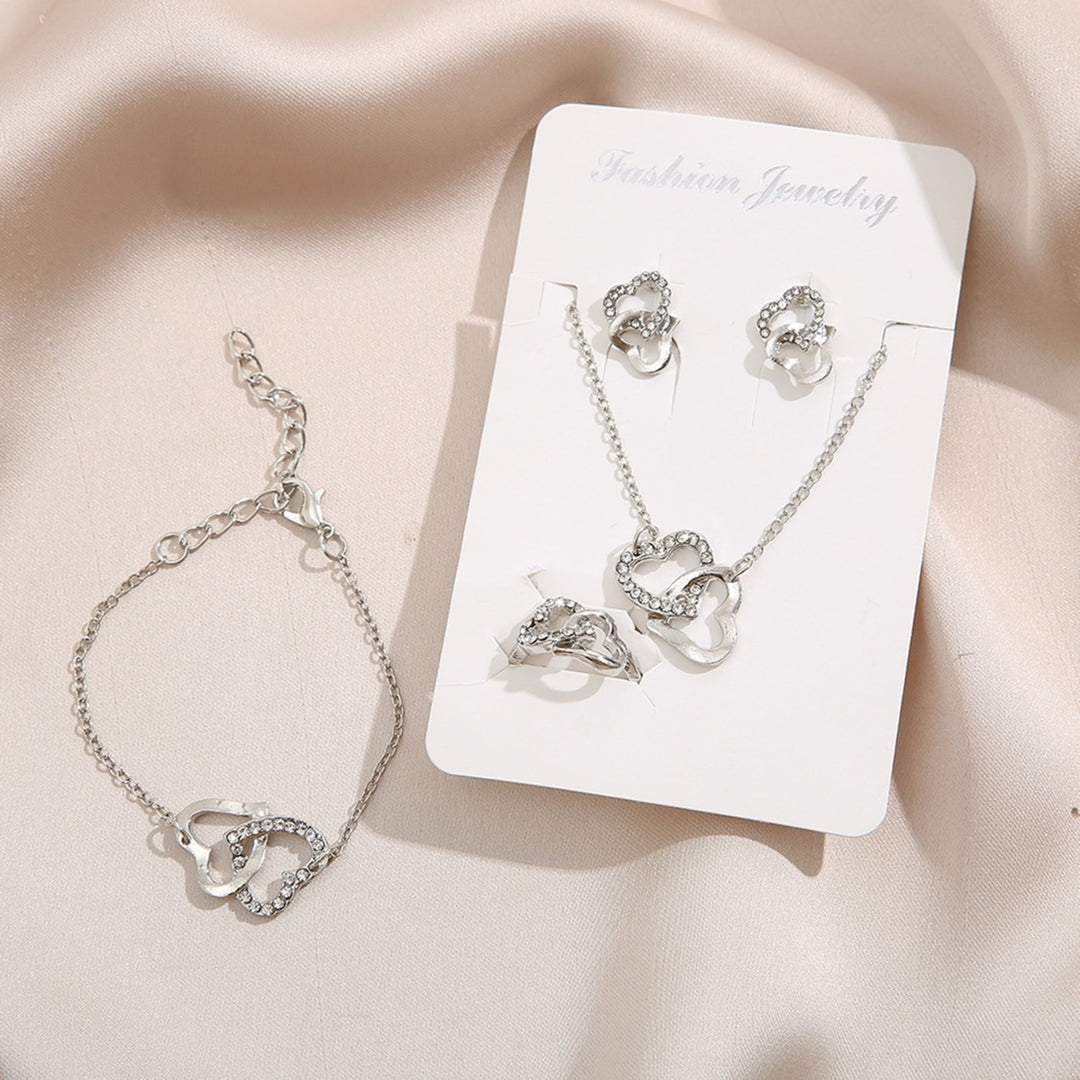 4Pcs Necklace Earrings Ring Bracelet Hollow Out Heart Pendant Jewelry Korean Style Simple Jewelry Set for Daily Wear Image 12