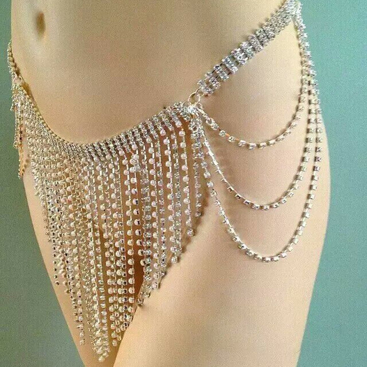 Women Rhinestone Tassel Waist Belly Body Chain Summer Beach Bikini Accessory Image 4