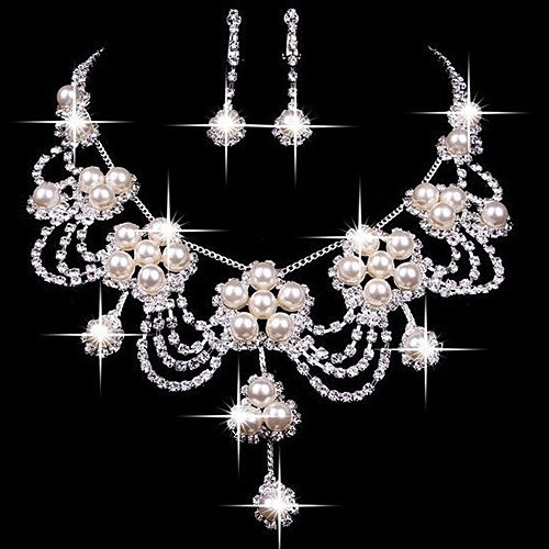 Womens Luxury Rhinestone Faux Pearl Necklace Earring Wedding Bridal Jewelry Set Image 1