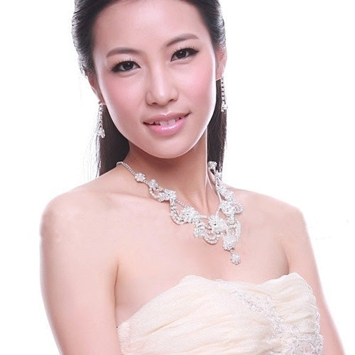 Womens Luxury Rhinestone Faux Pearl Necklace Earring Wedding Bridal Jewelry Set Image 3