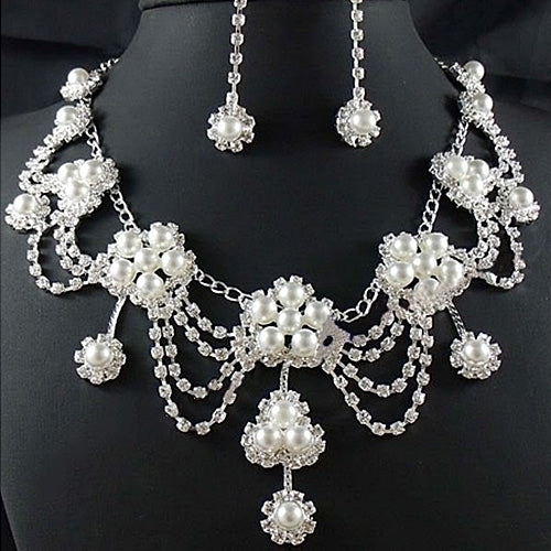 Womens Luxury Rhinestone Faux Pearl Necklace Earring Wedding Bridal Jewelry Set Image 4