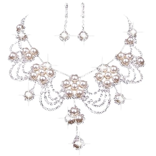 Womens Luxury Rhinestone Faux Pearl Necklace Earring Wedding Bridal Jewelry Set Image 4