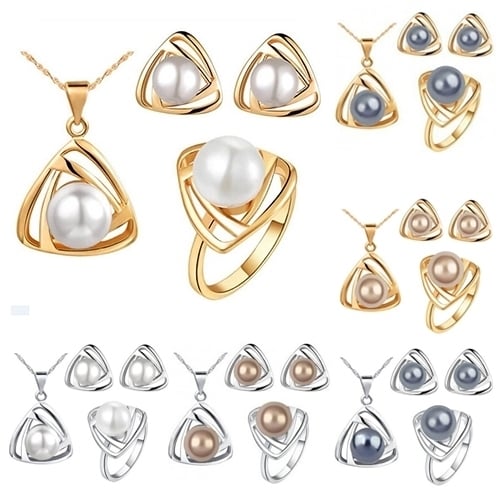 Womens Party Jewelry Set Faux Pearl Triangle Pendant Necklace Earrings Ring Image 1