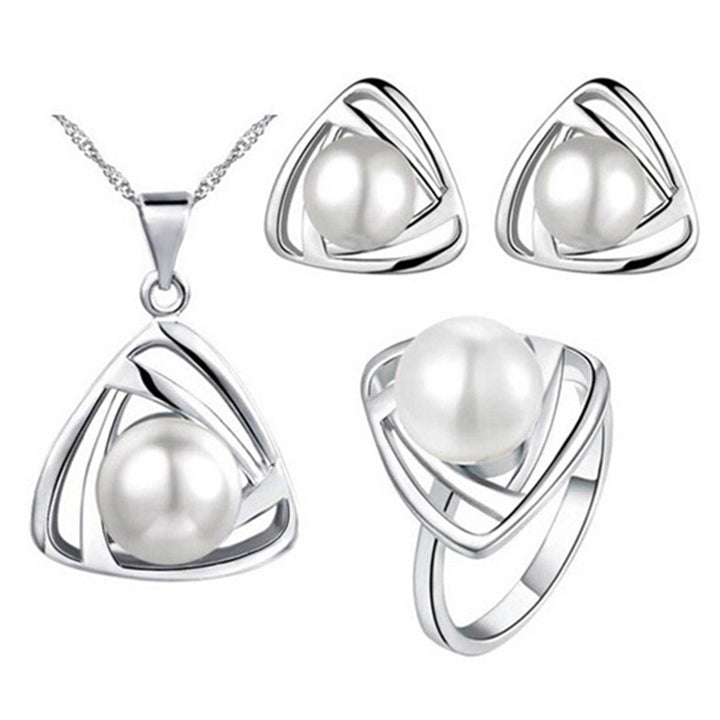 Womens Party Jewelry Set Faux Pearl Triangle Pendant Necklace Earrings Ring Image 2