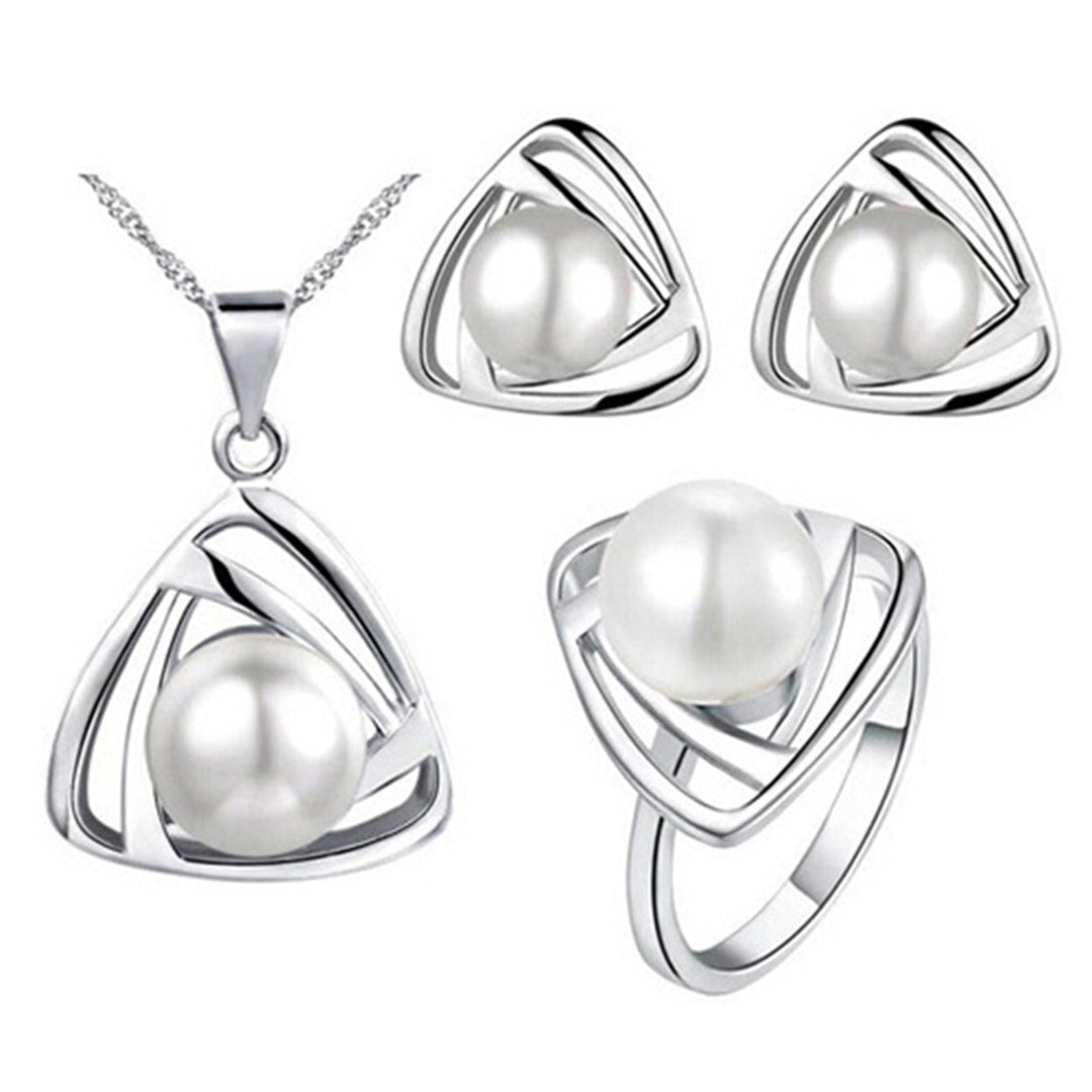 Womens Party Jewelry Set Faux Pearl Triangle Pendant Necklace Earrings Ring Image 1