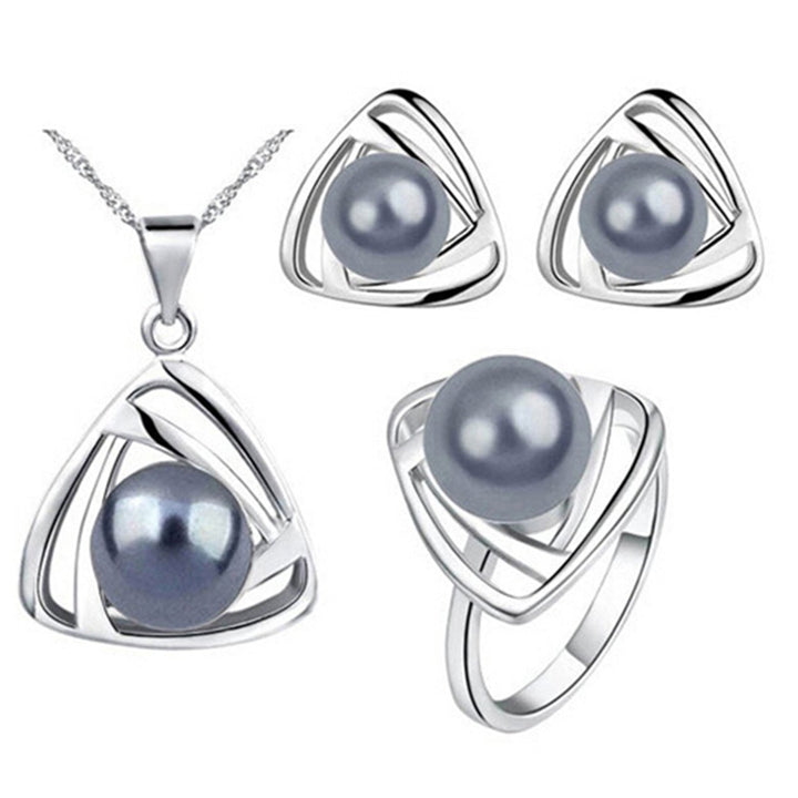 Womens Party Jewelry Set Faux Pearl Triangle Pendant Necklace Earrings Ring Image 3