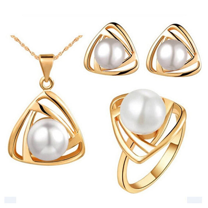 Womens Party Jewelry Set Faux Pearl Triangle Pendant Necklace Earrings Ring Image 4