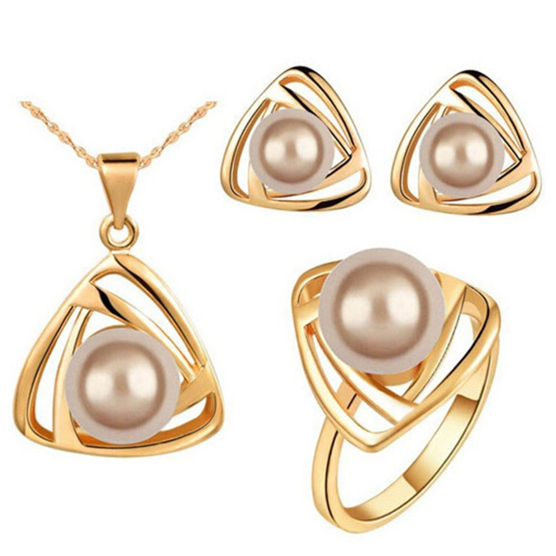 Womens Party Jewelry Set Faux Pearl Triangle Pendant Necklace Earrings Ring Image 4