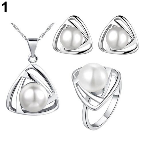 Womens Party Jewelry Set Faux Pearl Triangle Pendant Necklace Earrings Ring Image 6