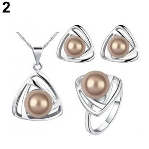 Womens Party Jewelry Set Faux Pearl Triangle Pendant Necklace Earrings Ring Image 7