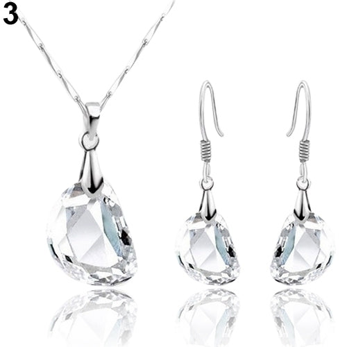 Womens Pea Shaped Rhinestone White Gold Plated Necklace Earrings Jewelry Set Image 4