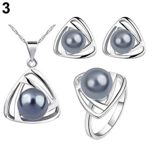 Womens Party Jewelry Set Faux Pearl Triangle Pendant Necklace Earrings Ring Image 8