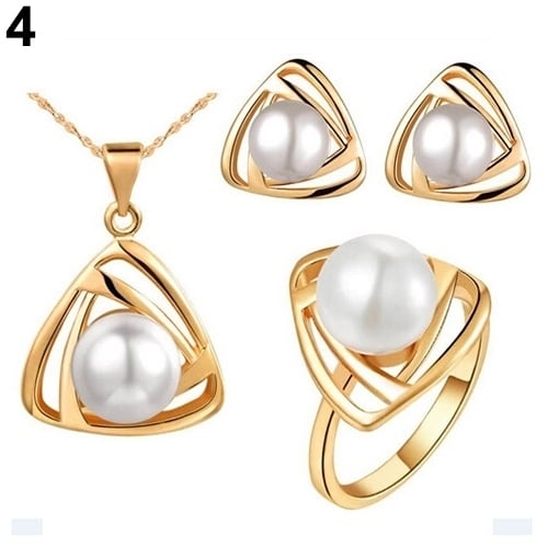 Womens Party Jewelry Set Faux Pearl Triangle Pendant Necklace Earrings Ring Image 9