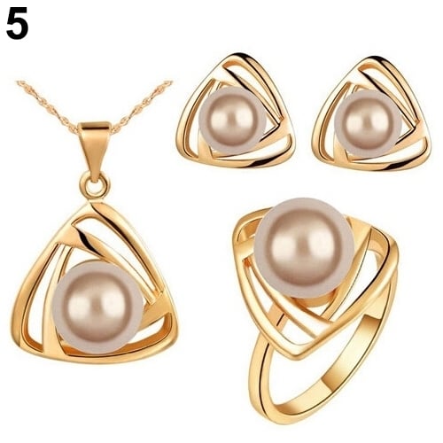 Womens Party Jewelry Set Faux Pearl Triangle Pendant Necklace Earrings Ring Image 10