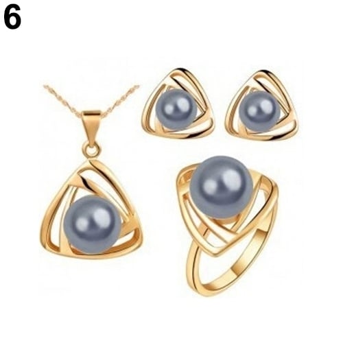 Womens Party Jewelry Set Faux Pearl Triangle Pendant Necklace Earrings Ring Image 11