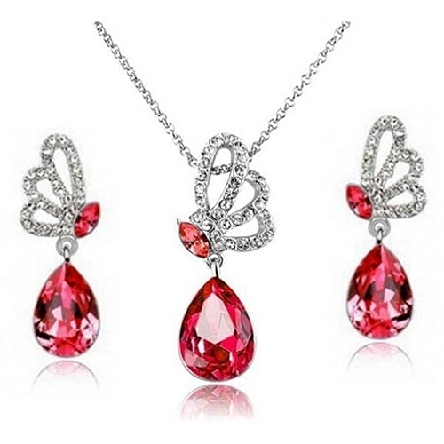 Womens Butterfly Rhinestone Crystal Pendant Necklace Drop Earrings Jewelry Set Image 1