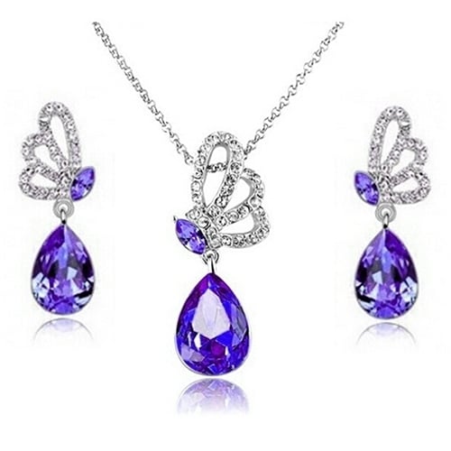 Womens Butterfly Rhinestone Crystal Pendant Necklace Drop Earrings Jewelry Set Image 3