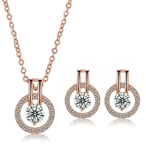 Womens Zircon Round Pendent Choker Chain Necklace Earrings Wedding Jewelry Set Image 1