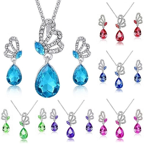 Womens Butterfly Rhinestone Crystal Pendant Necklace Drop Earrings Jewelry Set Image 4