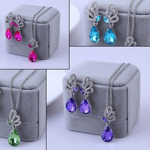 Womens Butterfly Rhinestone Crystal Pendant Necklace Drop Earrings Jewelry Set Image 6