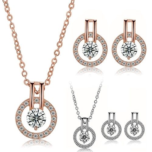 Womens Zircon Round Pendent Choker Chain Necklace Earrings Wedding Jewelry Set Image 3