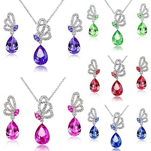 Womens Butterfly Rhinestone Crystal Pendant Necklace Drop Earrings Jewelry Set Image 7